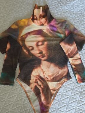 Forever 21 Multicolor Religious Print Mesh Bodysuit